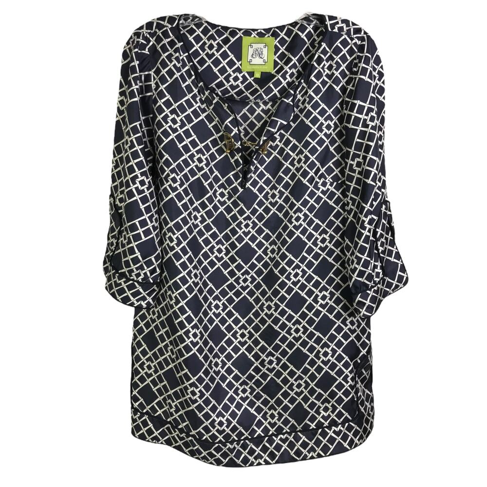 Elizabeth McKay Tunic Top Womens Size 8 Navy Blue Geometric 3/4 Sleeve